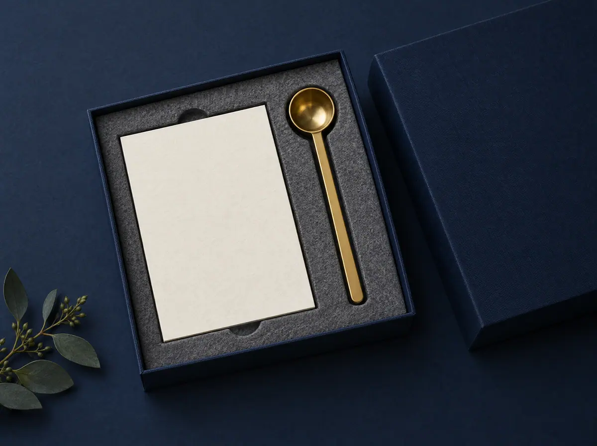 An open navy gift box holding a blank card and a brass measuring scoop